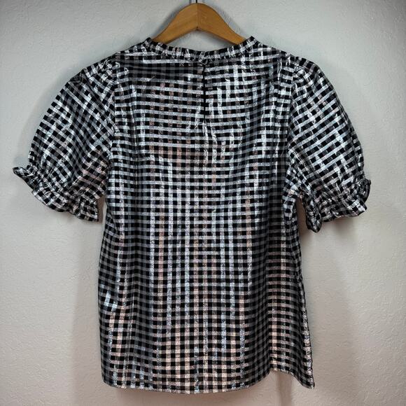 Women's J. Crew Black and Silver Check Metallic Short Sleeve Shirt Size S NEW - Picture 6 of 7